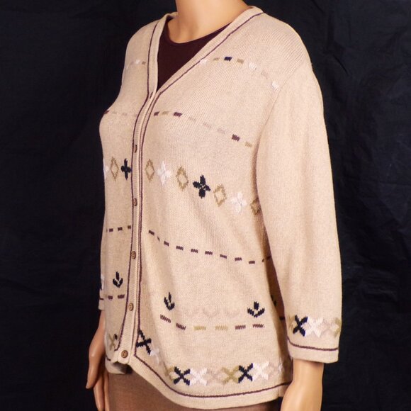 CHRISTOPHER & BANKS size L Jrs. beige (mostly) hand-embroidered cardigan sweater - Picture 10 of 16